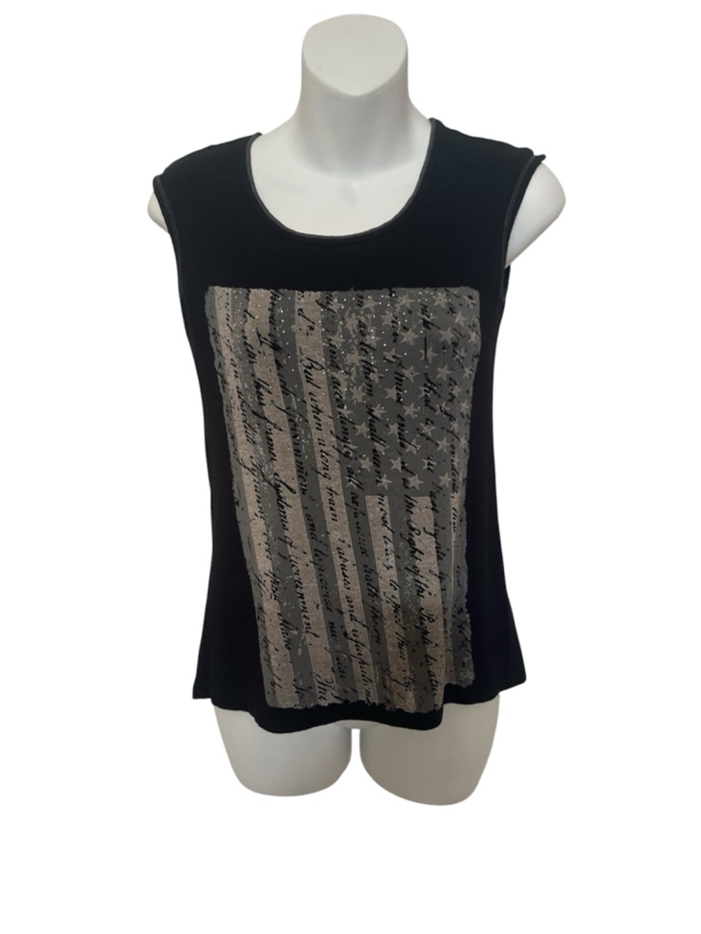 Women XS Sleeveless Tee Tank Top Black White American Flag Patriotic Cursive